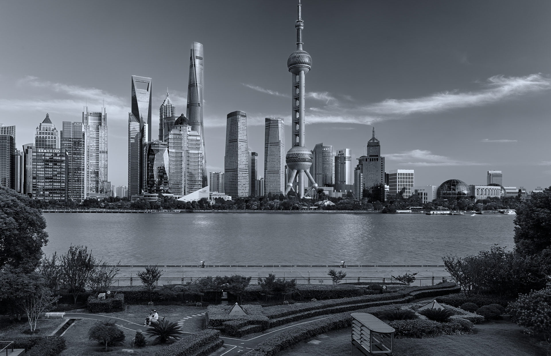 Black and white photo of the Shanghai skyline. Shanghai photo studio specialized in architecture photography.